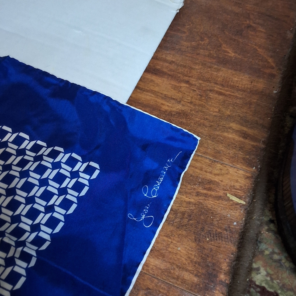 Vintage Jean Caseeere Signed Silk Scarf Blue White Geometric Mod Op Art 60s 70s - Picture 7 of 8